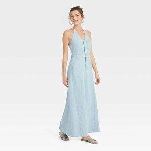 Universal Thread Light Wash Blue Denim Halter Neck Maxi Dress -- Women's Size 00